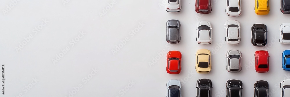 Poster Various miniature car models are arranged neatly on a white background, leaving ample space for additional creative text or design elements. Generative AI
