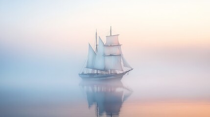 Obraz premium Sailboat glides, misty dawn, serene waters.