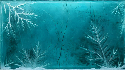 Scratched ice texture with a teal blue overlay, creating an aged glass effect with dust particles.
