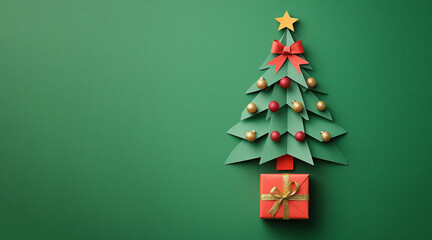A minimalist paper Christmas tree with red ornaments, a yellow star, and a red gift box tied with a gold ribbon on a green background.