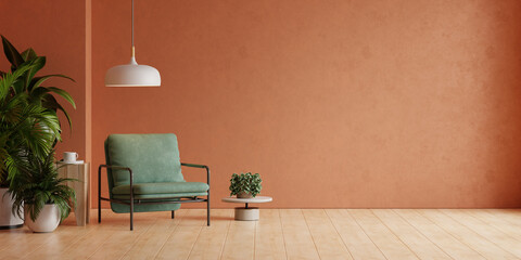 Green chair is in front of a wall.There is a potted plant on the floor and decor accessories- 3D rendering © Vanitjan
