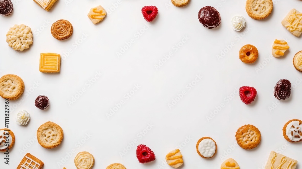 Poster colorful sweets and cookies in various shapes and flavors are beautifully arranged on a clean white 