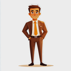 Obraz premium Cheerful cartoon businessman in a suit with orange tie standing confidently with hands in pockets on a light background, representing success and professionalism