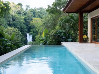 Infinity pool overlooking lush rainforest and waterfall.