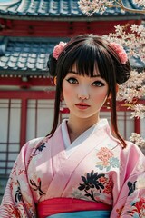Fototapeta premium A full body portrait, traditional Japanese costume in Japanese anime cartoon. Ranma is cute woman. pigtail with shain red hair, with light blue-black eyes, white skin, wear long pink Japanese Yukata. 