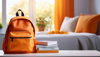 Orange School Backpack with Books on the Clean Table in Blured Kid Bed Room Background. Back to School Concept. Banner with Copy Space.
