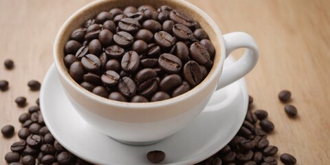 Fototapeta premium Close-up of a white cup filled with roasted coffee beans, sitting on a saucer with more beans scattered around on a wooden surface.