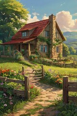 a beautiful country house nestled amidst lush greenery and rolling hills. The house is made of warm, weathered wood with a red tile roof, complete with a stone chimney that emits soft wisps of smoke. 