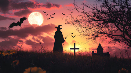 scary halloween witch standing over cross, church, crow, bat, birds, dead tree, full moon and sunset sky, halloween mystery concept with white shades, png