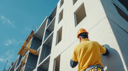A close-up of an engineer inspecting the installation of precast concrete panels for a residential building facade, Residential building construction scene, Precast panel inspection style