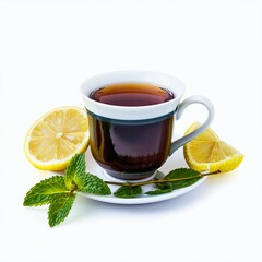 A soothing cup of tea with fresh peppermint leaves and a slice of orange, isolated on a white background. Perfect for promoting relaxation, freshness, and healthy living.