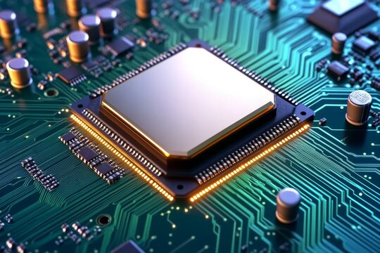 A detailed photo of a CPU on a vibrant green PCB, surrounded by glowing LED indicators and microchips