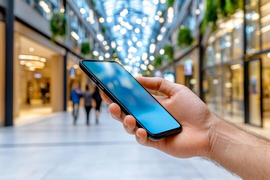 A detailed photo of hands texting on a smartphone, with blurred people chatting in the background
