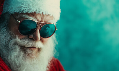 Santa Claus with glasses, happy, isolated teal color background, image with space for text