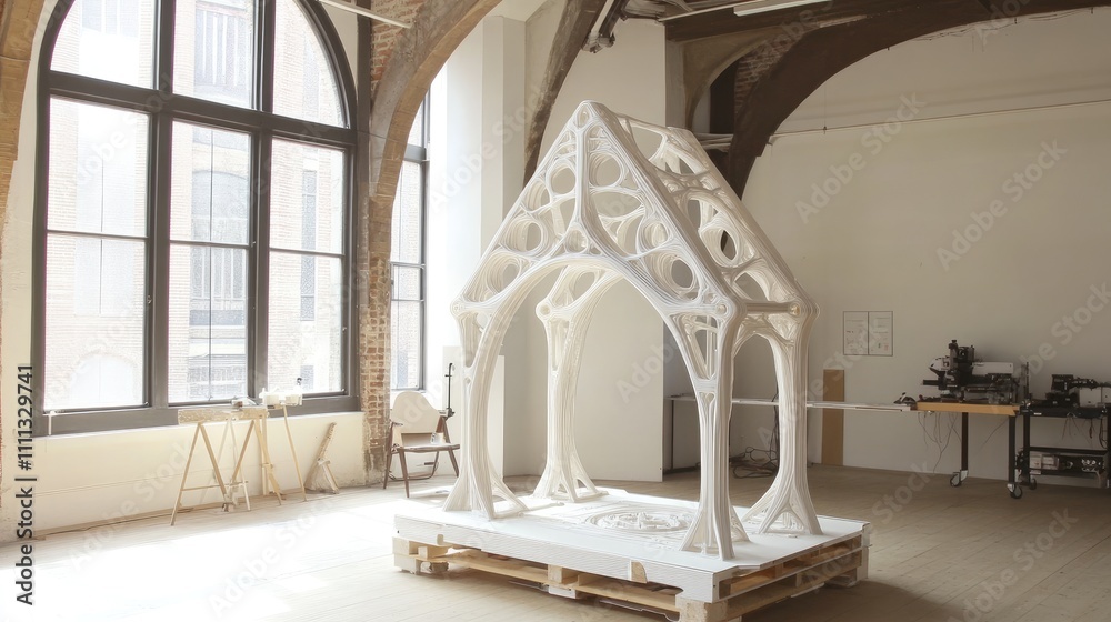 Poster modern 3d printed structure in minimalist workspace setting