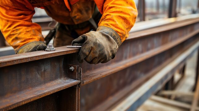 A close-up of an ironworker bolting structural steel beams together at a high-rise building construction site, High-rise steel erection scene, Structural connectivity style