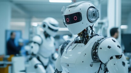 Fototapeta premium A close-up of engineers in a robotics workshop, fine-tuning humanoid robots for assembly line tasks, Robotics workshop scene