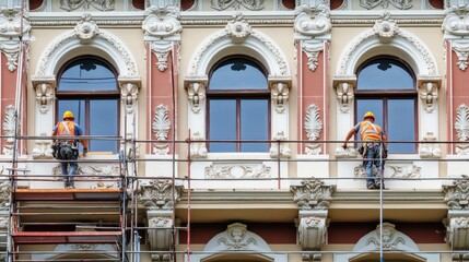 A commercial building renovation site with workers restoring facade details, Building renovation scene, Restoration and craftsmanship style