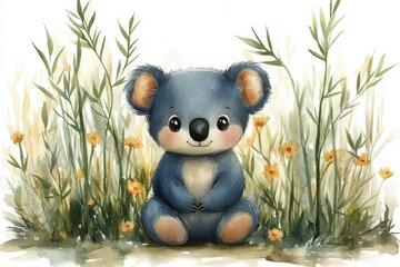 A cute koala sits among flowers and greenery, evoking a playful and serene atmosphere.
