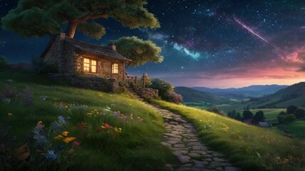 A serene night scene featuring a quaint cottage with warm light glowing from its windows, set beneath a large, whimsical tree. The landscape is lush with vibrant green grass and colorful wildflowers. 