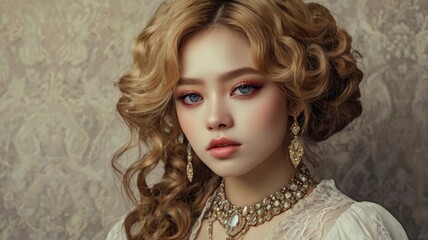 Fototapeta premium Woman beauty, manhwa style, a lot of details, good detailing, beautiful makeup, jewelry, crystal and precious stone jewelry, eyelashes, expression, full view, hairstyle, curly locks. Textured. Aesthet