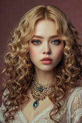 Fototapeta premium Woman beauty, manhwa style, a lot of details, good detailing, beautiful makeup, jewelry, crystal and precious stone jewelry, eyelashes, expression, full view, hairstyle, curly locks. Textured. Aesthet
