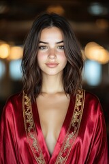 Obraz premium young woman in red satin robe with golden embroidery