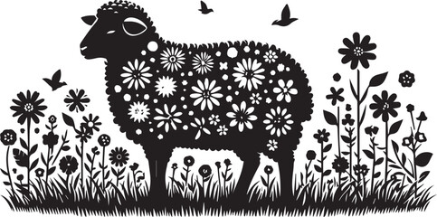 Fototapeta premium A sheep standing in a meadow surrounded by flowers silhouette vector
