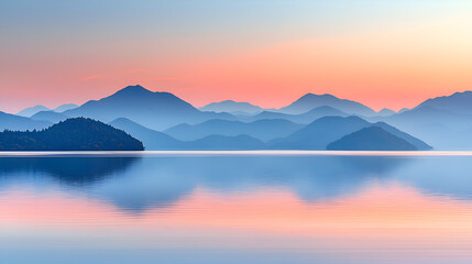 Obraz premium Tranquil Sunset Over Mountain Lake with Water Reflections and Pastel Skies
