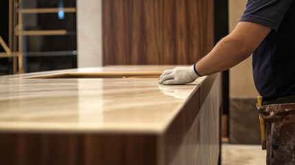 A detailed shot of a carpenter installing custom millwork for a luxury condominium lobby renovation, Condominium lobby renovation scene, Bespoke woodworking style