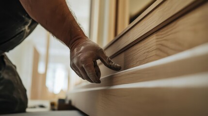 A detailed shot of a carpenter installing custom millwork for a luxury condominium lobby renovation, Condominium lobby renovation scene, Bespoke woodworking style