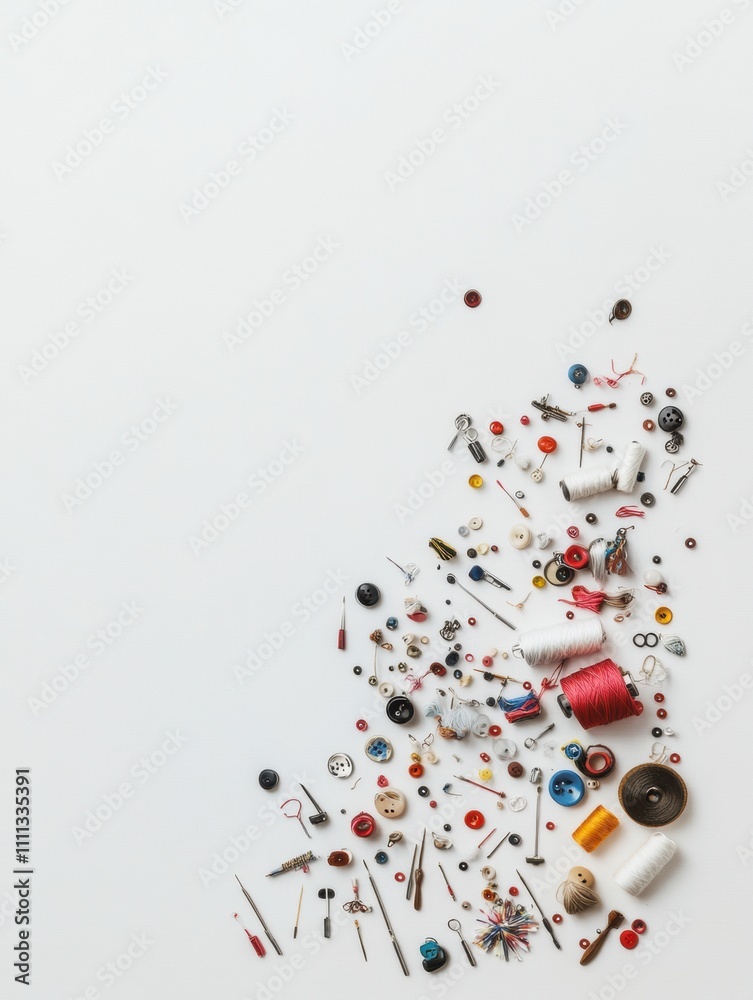 Aufkleber essential sewing items including needles, threads, and buttons arranged artistically on a white surf