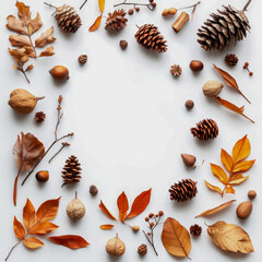 Autumn Leaves and Pine Cones Border on White Background, Nature Scene with Warm Tones, Seasonal Decor Arrangement and Organic Elements