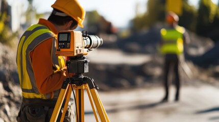 A detailed shot of a surveyor using GPS equipment to map out land contours for a large-scale infrastructure project, Land surveying scene, Geospatial mapping style