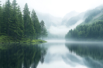 Fototapeta premium Serene Mountain Lake Mist Shrouded Pines Reflecting