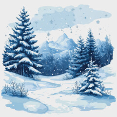 Obraz premium Winter Wonderland Landscape with Snow-Covered Trees, Majestic Mountains in Background, and Gentle Snowfall Creating a Serene Atmosphere in Nature