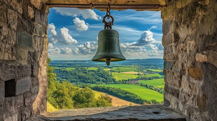 Obraz premium Scenic View Through Stone Window with Bell and Lush Landscape
