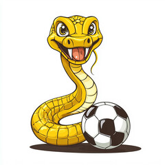 Fototapeta premium Cartoon yellow snake with a soccer ball, vector illustration logo design on a white background