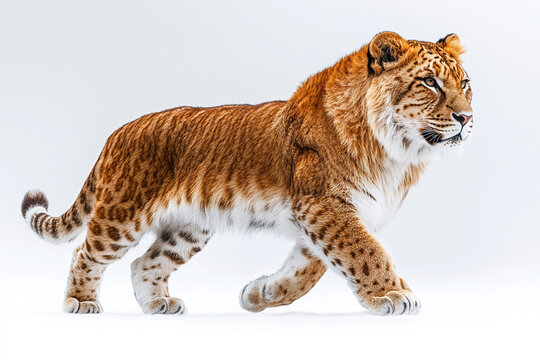 A ginger liger walks gracefully on white background