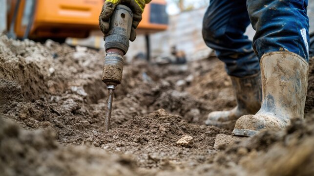 A detailed view of a construction worker using a pneumatic drill to excavate soil for a foundation at a residential construction site, Residential foundation excavation scene