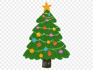 Hand drawn Christmas tree with chalk style decorations and childlike lines on  transparent background, perfect for festive designs. vector