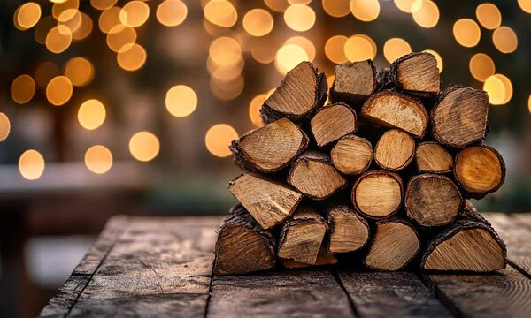 A stack of firewood on a wooden surface with warm bokeh lights in the background.