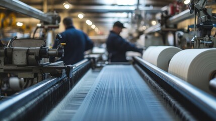 A detailed view of workers in a textile factory operating looms and inspecting fabric rolls, Textile factory scene, Industrial and textile style