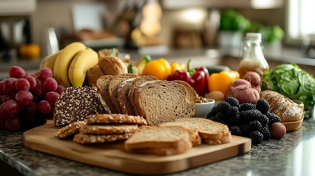 A group of healthy food options on a kitchen countertop, including whole grain breads, plant-based protein sources, and fresh fruits and vegetables 