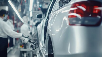A detailed view of workers in an automotive assembly line, installing components on electric vehicles, Electric vehicle assembly scene