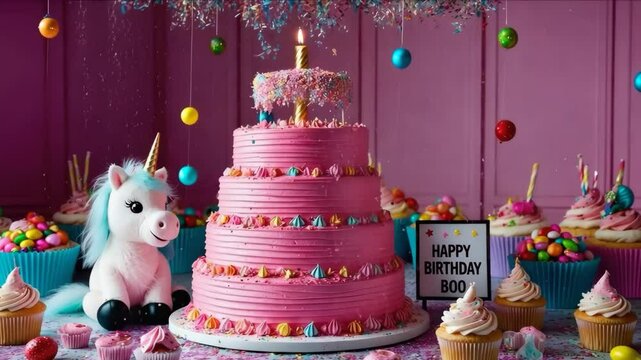 pink birthday cake with candles. confetti