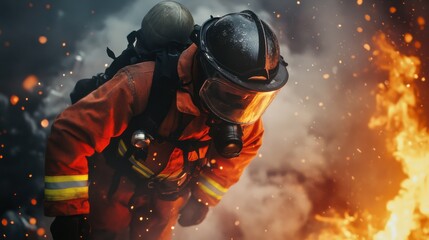 Fototapeta premium A determined firefighter battling flames in a dramatic urban fire rescue scene with smoke and burning debris, Urban fire rescue scene, Heroic and intense style