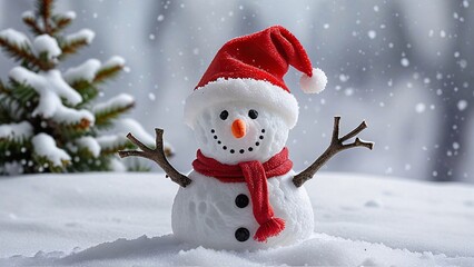 Fototapeta premium Cheerful snowman in red hat and scarf, snowy winter scene.