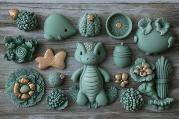 A collection of decorative, teal-colored clay shapes featuring animals and floral designs.