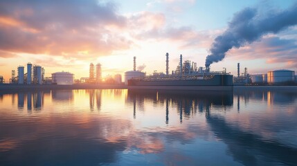 Naklejka premium Industrial Complex at Sunset by the Water with Reflections